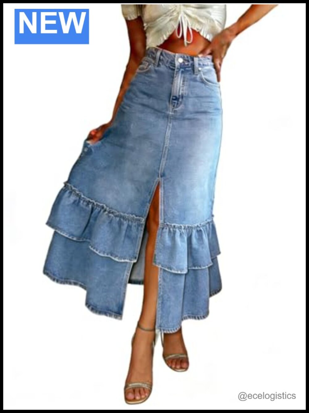 High Waist Long Denim Maxi Skirt Slit Tiered Ruffle A-Line with Pockets